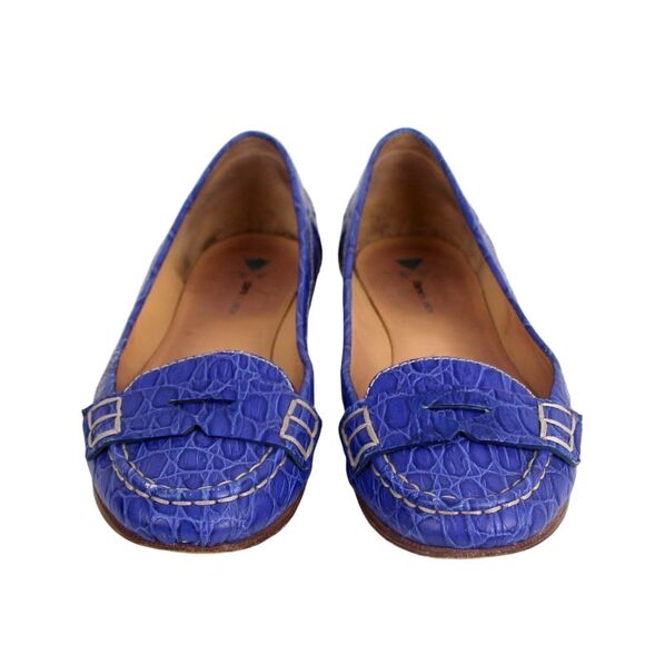 Daniblack BLUE CROCO EMBOSSED REAL LEATHER LOAFER FLATS POINTED TOE SHOES 7.5M - Picture 2 of 12